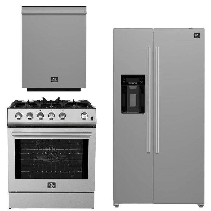 Forno Espresso Package - 30" Gas Range, 36" Refrigerator with Water and Ice Dispenser and Dishwasher in Stainless Steel, AP-FFSGS1116-30-4