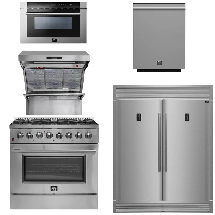 Forno Package - 36 Inch Dual Fuel Range, Wall Mount Range Hood, Refrigerator, Microwave Drawer, Dishwasher, AP-FFSGS6156-36-8