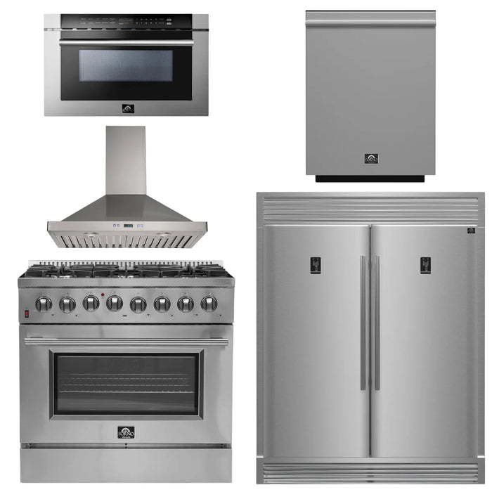 Forno Package - 36 Inch Dual Fuel Range, Wall Mount Range Hood, Refrigerator, Microwave Drawer, Dishwasher, AP-FFSGS6156-36-W-8