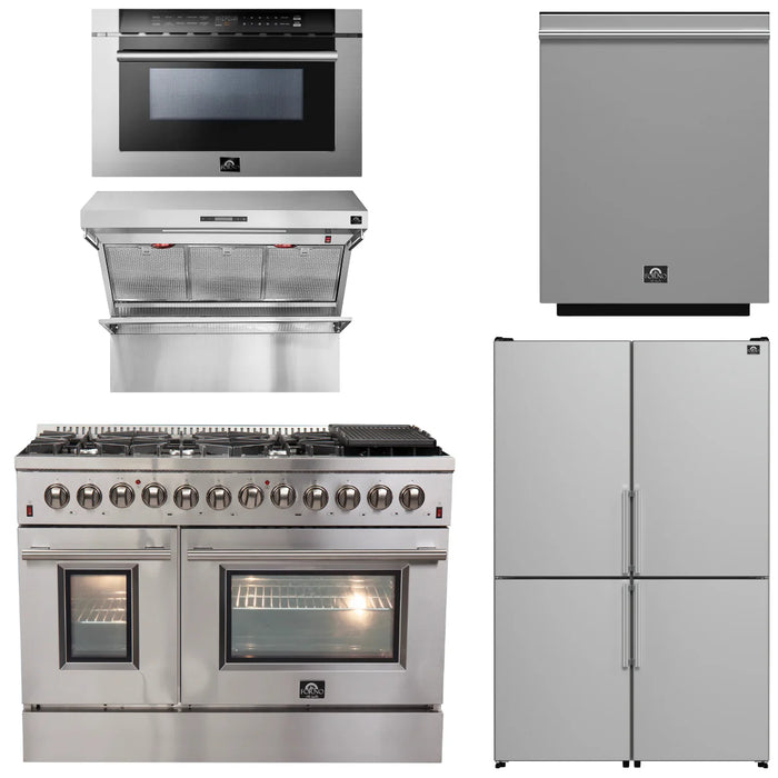 Forno Appliance Package - 48" Dual Fuel Range, 48" Range Hood, Dishwasher, 48" Refrigerator, Microwave Drawer, AP-FFSGS6156-48-13