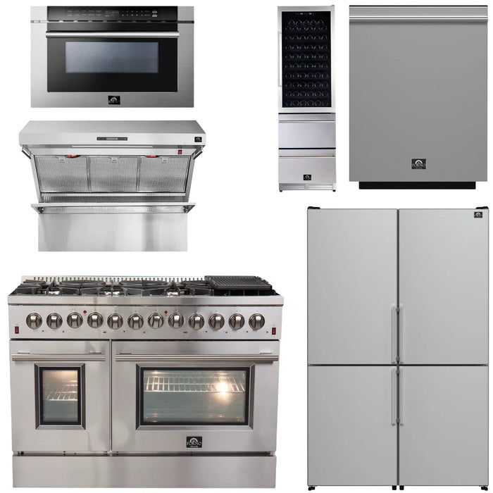 Forno Appliance Package - 48" Dual Fuel Range, 48" Range Hood, Dishwasher, 48" Refrigerator, Microwave Drawer, Wine Cooler, AP-FFSGS6156-48-14