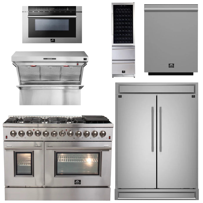 Forno Appliance Package - 48" Dual Fuel Range, Range Hood, 60" Refrigerator, Microwave Drawer, Dishwasher, Wine Cooler, AP-FFSGS6156-48-6P