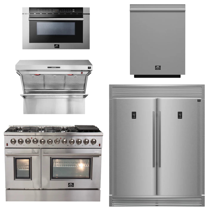 Forno Package - 48 Inch Dual Fuel Range, Wall Mount Range Hood, Refrigerator, Microwave Drawer, Dishwasher, AP-FFSGS6156-48-8