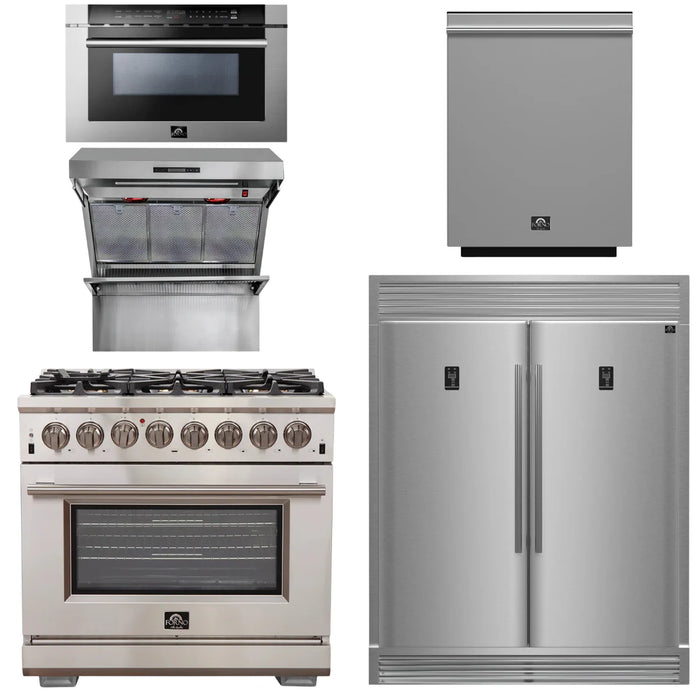 Forno Package - 36" Dual Fuel Range, Range Hood, Refrigerator, Microwave, Dishwasher, AP-FFSGS6187-36-8