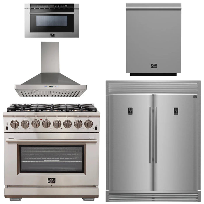 Forno Package - 36" Dual Fuel Range, Range Hood, Refrigerator, Microwave, Dishwasher, AP-FFSGS6187-36-W-8