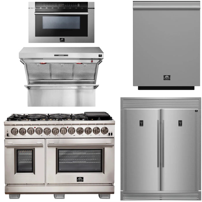 Forno Package - 48" Dual Fuel Range, Wall Mount Range Hood, Refrigerator, Microwave, Dishwasher, AP-FFSGS6187-48-8