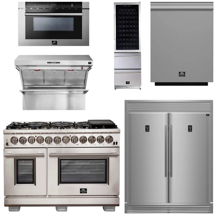 Forno Package - 48" Dual Fuel Range, Range Hood, Refrigerator, Microwave, Dishwasher, Wine Cooler, AP-FFSGS6187-48-9