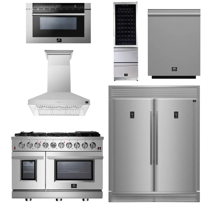 Forno Appliance Package - 48" Gas Range, Range Hood, 60" Refrigerator, Dishwasher, Microwave Drawer, Wine Cooler, AP-FFSGS6239-48-9
