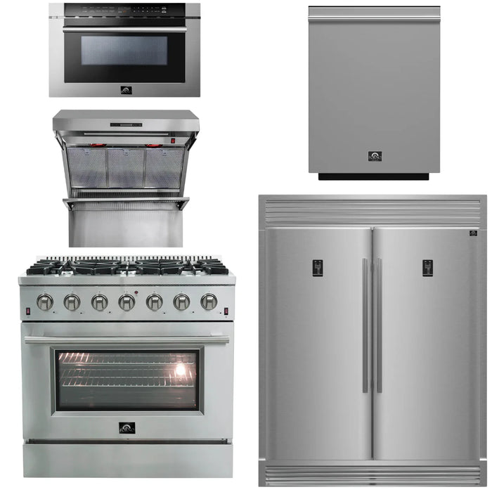 Forno Package - 36 Inch Gas Range, Wall Mount Range Hood, Refrigerator, Microwave Drawer, Dishwasher, AP-FFSGS6244-36-8