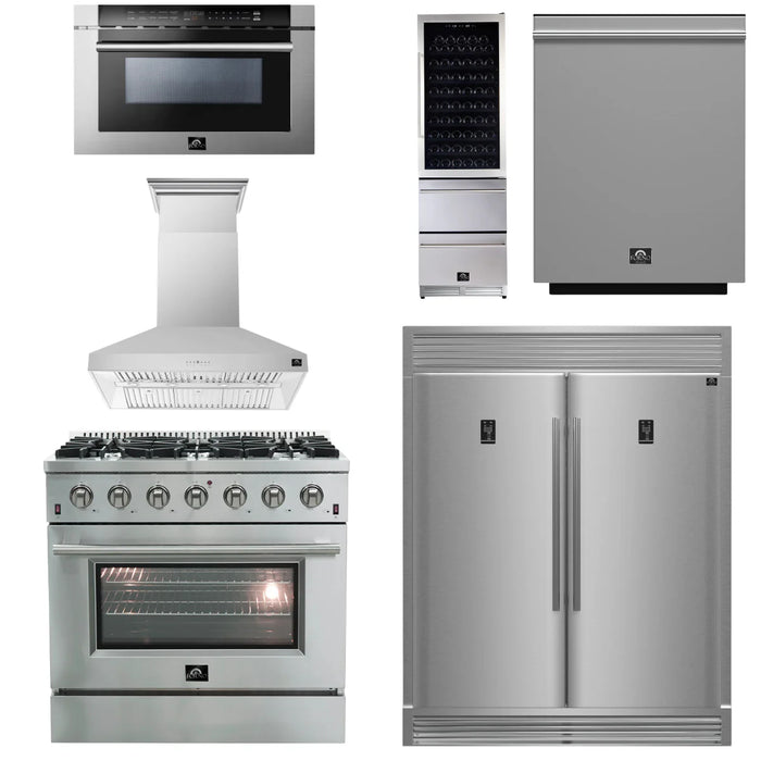 Forno Appliance Package - 36 Inch Gas Range, Wall Mount Range Hood, Refrigerator, Microwave Drawer, Dishwasher, Wine Cooler, AP-FFSGS6244-36-W-9