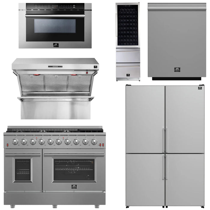 Forno Appliance Package - 48" Gas Range, 48" Range Hood, Dishwasher, 48" Refrigerator, Microwave Drawer, Wine Cooler, AP-FFSGS6244-48-14