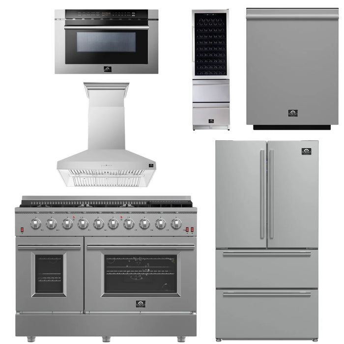 Forno Appliance Package - 48" Gas Range, Range Hood, 36" Refrigerator, Dishwasher, Microwave Drawer, Wine Cooler, AP-FFSGS6244-48-19