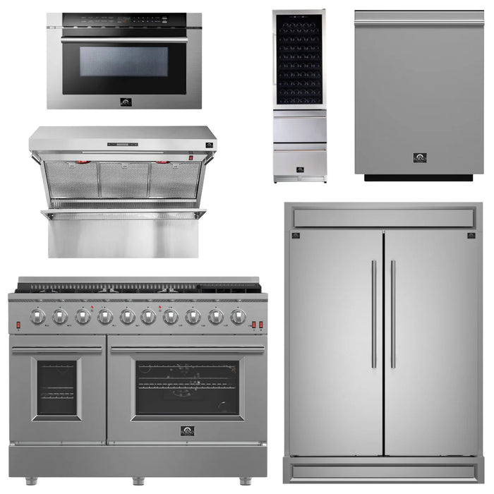 Forno Appliance Package - 48" Gas Range, Range Hood, 60" Refrigerator, Microwave Drawer, Dishwasher, Wine Cooler, AP-FFSGS6244-48-6P