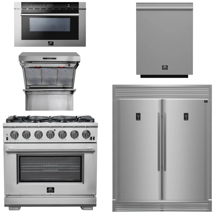 Forno Package - 36 Inch Pro Gas Range, Wall Mount Range Hood, Refrigerator, Microwave Drawer, Dishwasher, AP-FFSGS6260-36-8