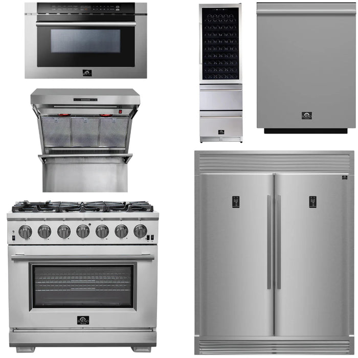 Forno Appliance Package - 36 Inch Pro Gas Range, Range Hood, Refrigerator, Microwave Drawer, Dishwasher, Wine Cooler, AP-FFSGS6260-36-9
