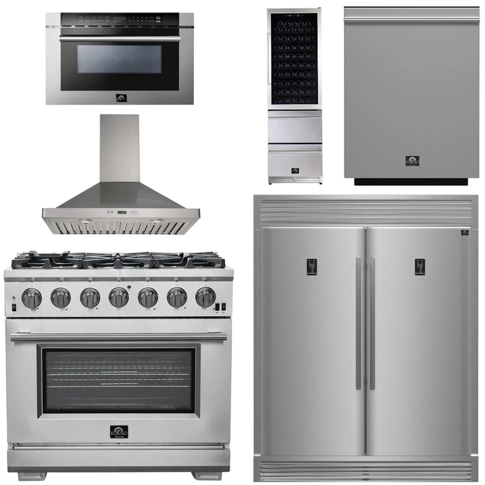 Forno Appliance Package - 36 Inch Pro Gas Range, Range Hood, Refrigerator, Microwave Drawer, Dishwasher, Wine Cooler, AP-FFSGS6260-36-W-9