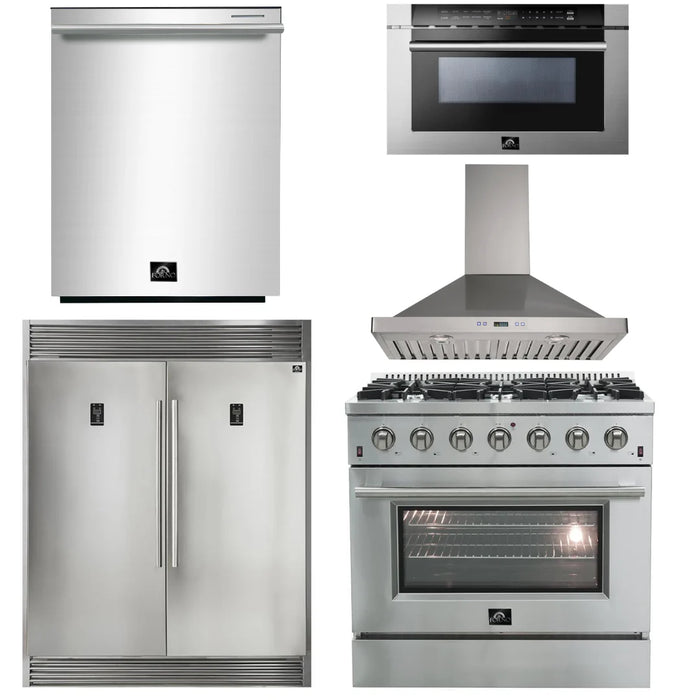 Forno Package - 36 Inch Gas Range, Wall Mount Range Hood, Refrigerator, Microwave Drawer, Dishwasher, AP-FFSGS6244-36-W-8