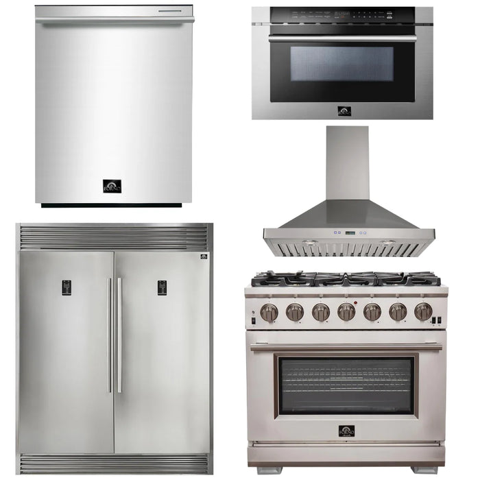 Forno Package - 36 Inch Pro Gas Range, Wall Mount Range Hood, Refrigerator, Microwave Drawer, Dishwasher, AP-FFSGS6260-36-W-8