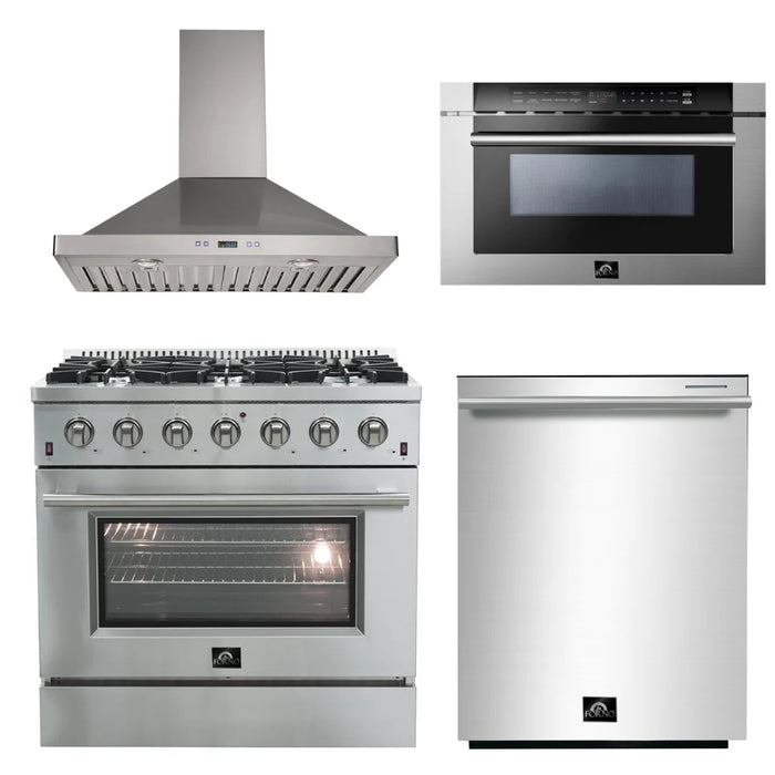 Forno Appliance Package - 36 Inch Gas Range, Wall Mount Range Hood, Microwave Drawer, Dishwasher, AP-FFSGS6244-36-W-6