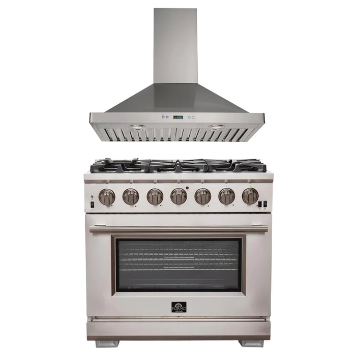 Forno Appliance Package- 36 Inch Pro Gas Range, Wall Mount Range Hood, AP-FFSGS6260-36-W