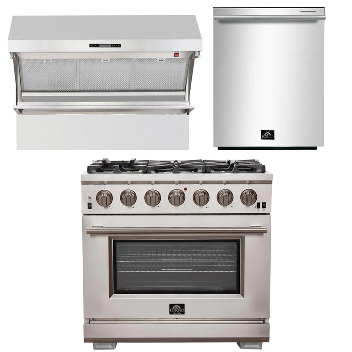 Forno Appliance Package - 36 Inch Pro Gas Range, Wall Mount Range Hood, Dishwasher, AP-FFSGS6260-36-2