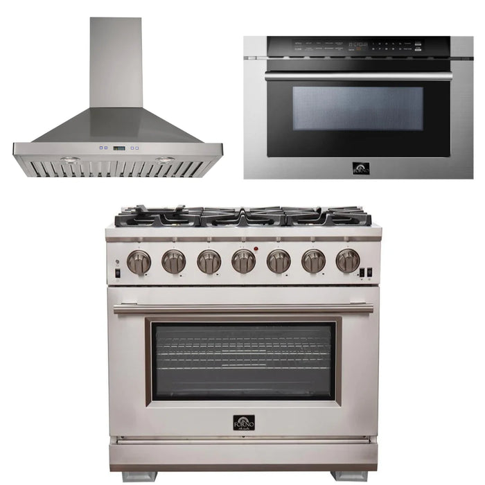 Forno Appliance Package - 36 Inch Pro Gas Range, Wall Mount Range Hood, Microwave Drawer, AP-FFSGS6260-36-W-3