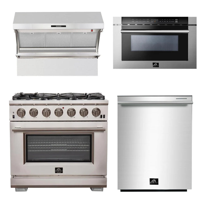 Forno Appliance Package - 36 Inch Pro Gas Range, Wall Mount Range Hood, Microwave Drawer, Dishwasher, AP-FFSGS6260-36-6