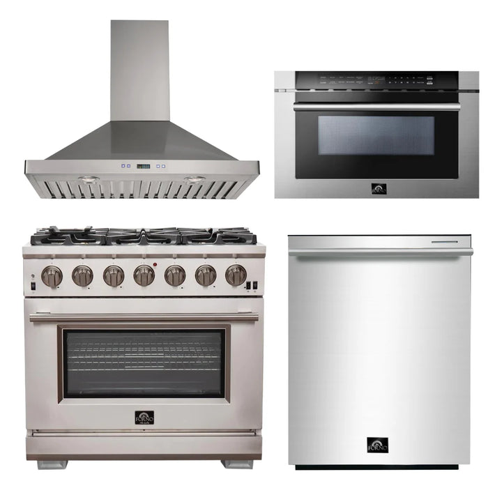 Forno Appliance Package - 36 Inch Pro Gas Range, Wall Mount Range Hood, Microwave Drawer, Dishwasher, AP-FFSGS6260-36-W-6
