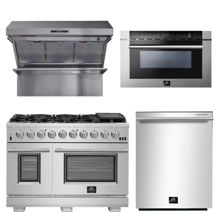 Forno Appliance Package - 48 Inch Pro Gas Range, Wall Mount Range Hood, Microwave Drawer, Dishwasher, AP-FFSGS6260-48-6
