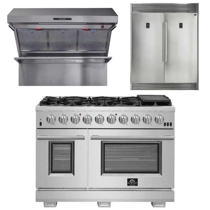 Forno Appliance Package - 48 Inch Pro Gas Range, Wall Mount Range Hood, Refrigerator, FBDL-019-05US