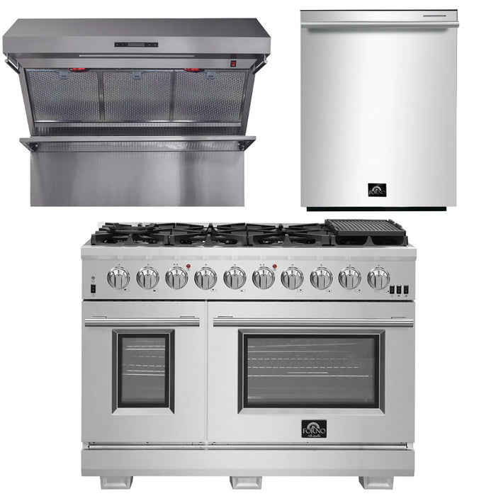Forno Appliance Package - 48 Inch Gas Burner/Electric Oven Pro Range, Wall Mount Range Hood, Dishwasher, AP-FFSGS6187-48-2