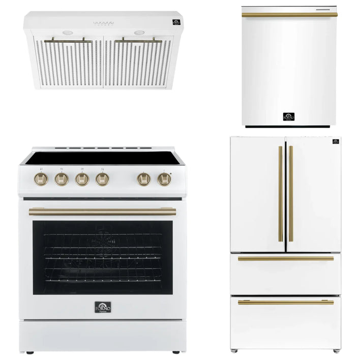 Forno Espresso Package - 30" Electric Range, Range Hood, Refrigerator and Dishwasher in White with Antique Brass Handles, AP-FFSEL6012-30WHT-A-4P-36R