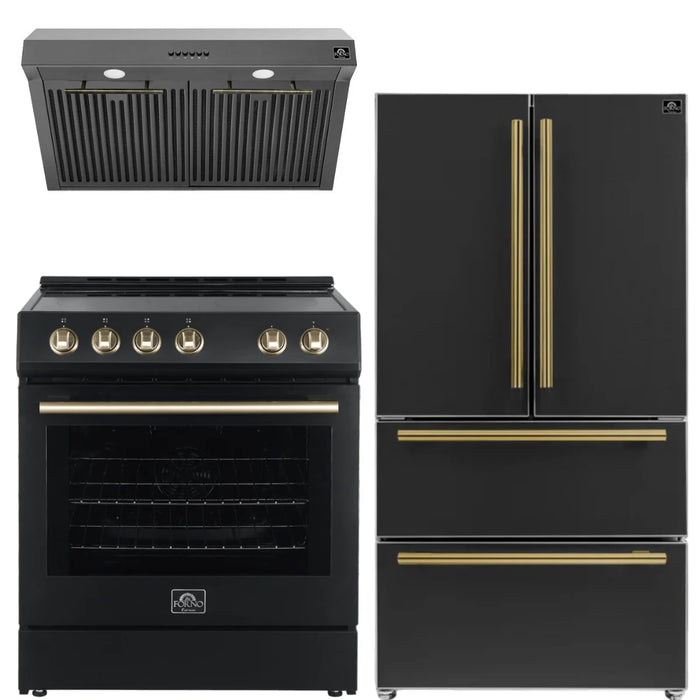 Forno Espresso Package - 30" Electric Range, Range Hood and Refrigerator in Black with Antique Brass Handles, AP-FFSEL6012-30BLK-A-3P-36R