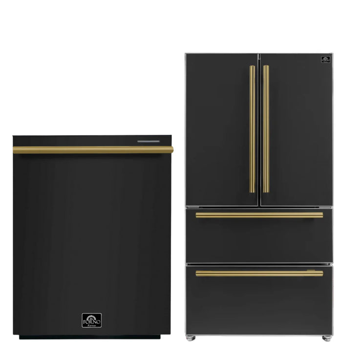 Forno Espresso Package - 36" Refrigerator and Dishwasher in Black with Antique Brass Handles, AP-FFRBI1820-36BLK-A-2P-36RD