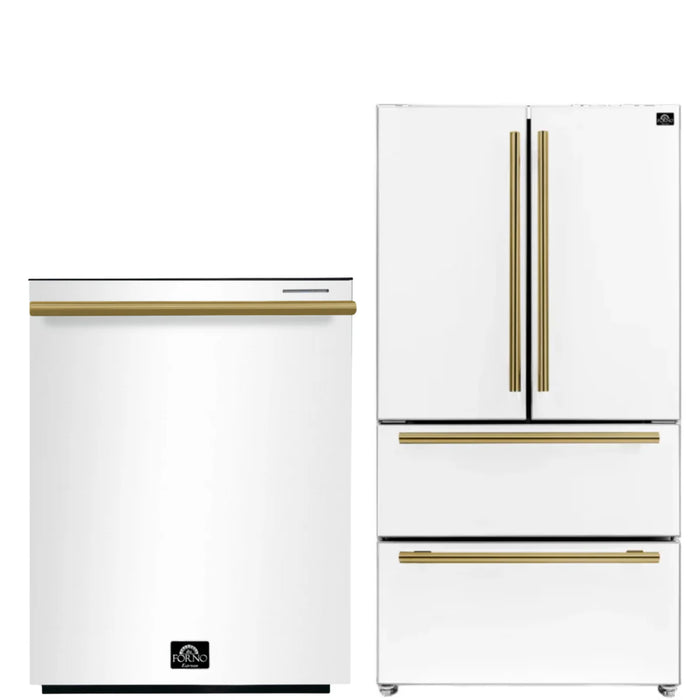Forno Espresso Package - 36" Refrigerator and Dishwasher in White with Antique Brass Handles, AP-FFRBI1820-36WHT-A-2P-36RD