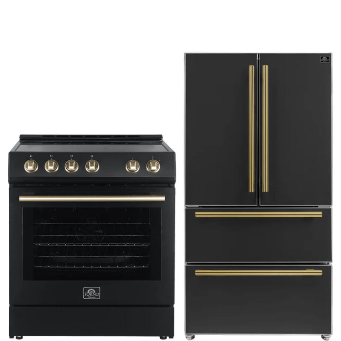 Forno Espresso Package - 30" Electric Range and Refrigerator in Black with Antique Brass Handles, AP-FFSEL6012-30BLK-A-2P-36R
