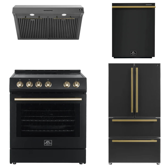 Forno Espresso Package - 30" Electric Range, Range Hood, Refrigerator and Dishwasher in Black with Antique Brass Handles, AP-FFSEL6012-30BLK-A-4P-36R