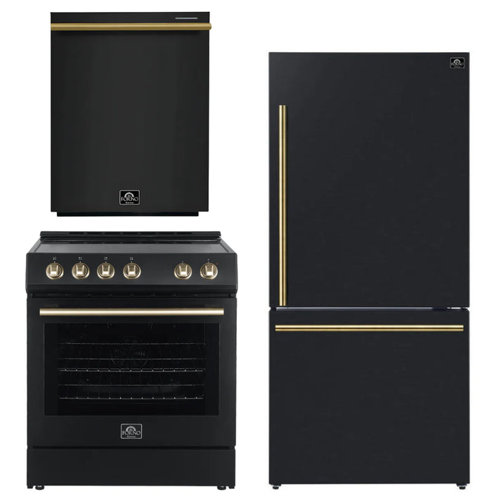 Forno Espresso Package - 30" Electric Range, Refrigerator and Dishwasher in Black with Antique Brass Handles, FBDL-007-02US