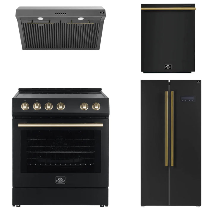 Forno Espresso Package - 30" Electric Range, Range Hood, Refrigerator and Dishwasher in Black with Antique Brass Handles, AP-FFSEL6012-30BLK-A-A7-D