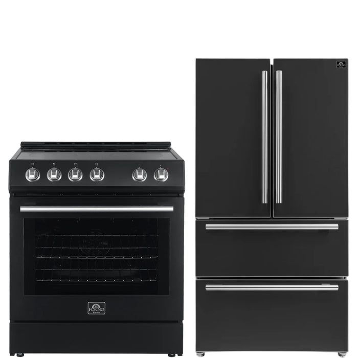 Forno Espresso Package - 30" Electric Range and Refrigerator in Black with Silver Handles, AP-FFSEL6012-30BLK-S-2P-36R