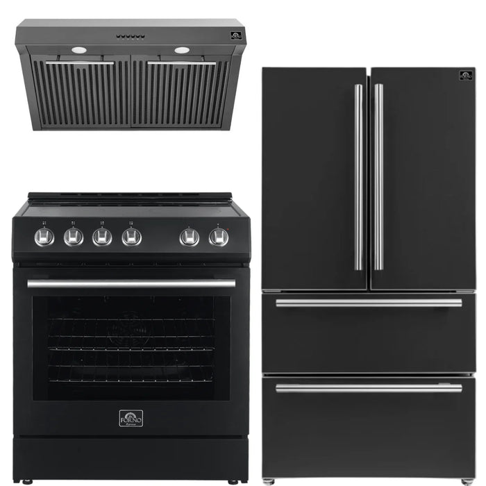 Forno Espresso Package - 30" Electric Range, Range Hood and Refrigerator in Black with Silver Handles, AP-FFSEL6012-30BLK-S-3P-36R