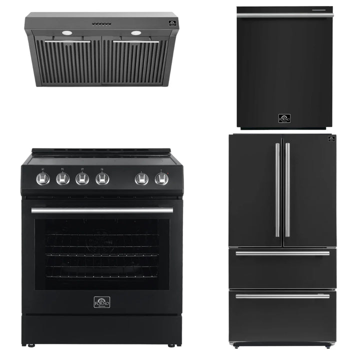 Forno Espresso Package - 30" Electric Range, Range Hood, Refrigerator and Dishwasher in Black with Silver Handles, AP-FFSEL6012-30BLK-S-4P-36R