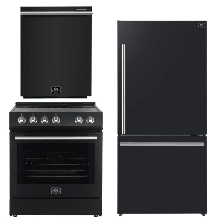 Forno Espresso Package - 30" Electric Range, Refrigerator and Dishwasher in Black with Silver Handles, FBDL-007-02US