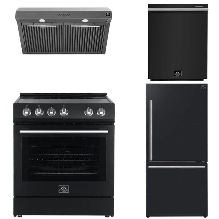 Forno Espresso Package - 30" Electric Range, Range Hood, Refrigerator and Dishwasher in Black with Silver Handles, FBDL-006-02US