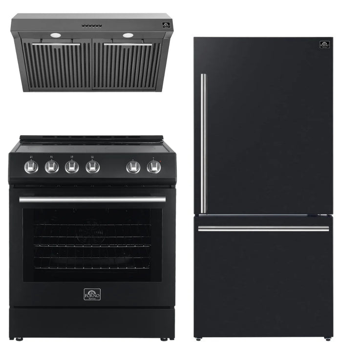 Forno Espresso Package - 30" Electric Range, Range Hood and Refrigerator in Black with Silver Handles, FBDL-001-02US