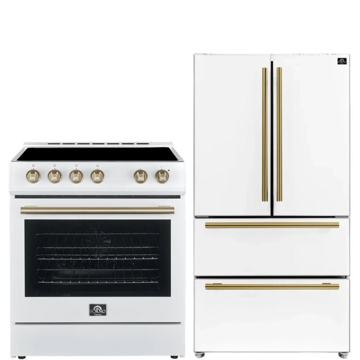 Forno Espresso Package - 30" Electric Range and Refrigerator in White with Antique Brass Handles, AP-FFSEL6012-30WHT-A-2P-36R
