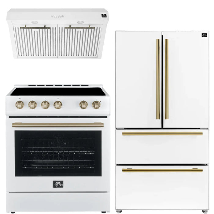 Forno Espresso Package - 30" Electric Range, Range Hood and Refrigerator in White with Antique Brass Handles, AP-FFSEL6012-30WHT-A-3P-36R