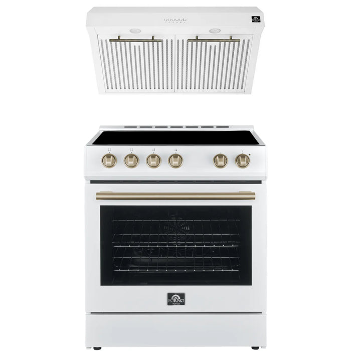 Forno Espresso Package - 30" Electric Range and Range Hood in White with Antique Brass Handles, FBDL-002-03US