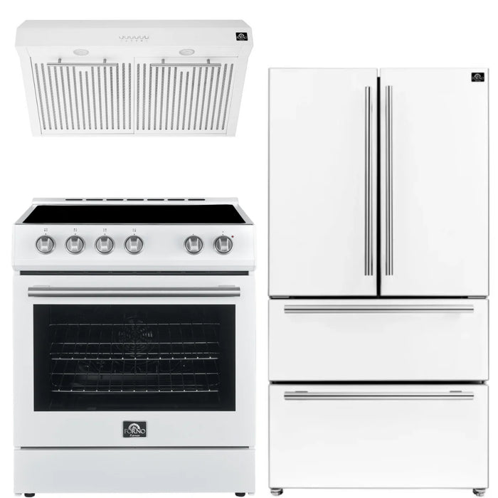Forno Espresso Package - 30" Electric Range, Range Hood and Refrigerator in White with Silver Handles, AP-FFSEL6012-30WHT-S-3P-36R