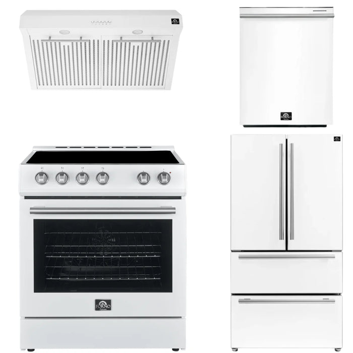 Forno Espresso Package - 30" Electric Range, Range Hood, Refrigerator and Dishwasher in White with Silver Handles, AP-FFSEL6012-30WHT-S-4P-36R